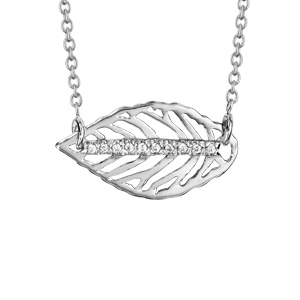 Collier en argent rhodi chane avec pendentif feuille nervure ajoure avec barrette d\'oxydes blancs sertis au milieu - longueur 39cm + 3cm de rallonge - Vue 1