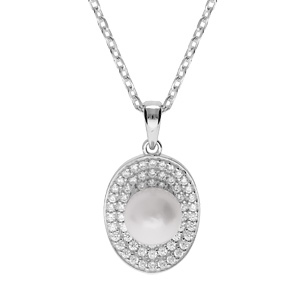 Collier en argent rhodi chane avec pendentif ovale Perle de culture d\'eau douce blanche 8mm et contour oxydes blancs sertis 42+3cm - Vue 1