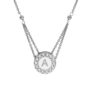 Collier en argent rhodi chane avec pendentif rond initiale A recto fond blanc et verso noire avec contour oxydes blancs sertis 40+5cm - Vue 1