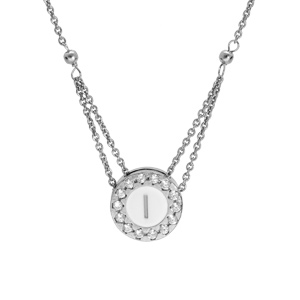 Collier en argent rhodi chane avec pendentif rond initiale I recto fond blanc et verso noire avec contour oxydes blancs sertis 40+5cm - Vue 1