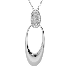 Collier en argent rhodi massif chane avec pendentif oval et oxydes blancs sertis 40+5cm - Vue 1