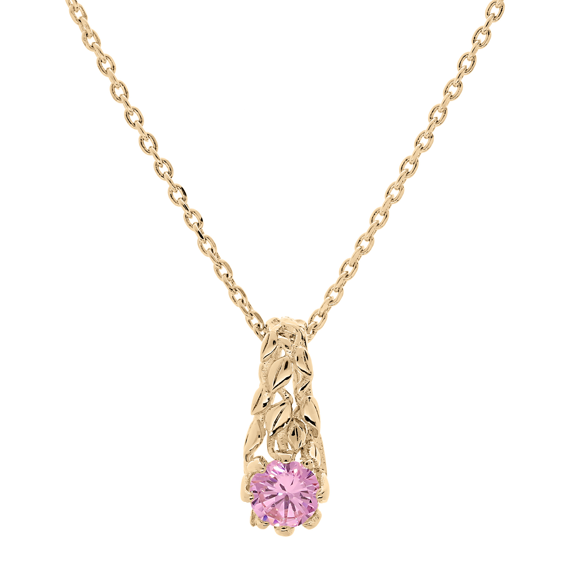 Collier en plaqué or chaîne avec pendentif solitaire oxyde rose et feuillage 42 3cm