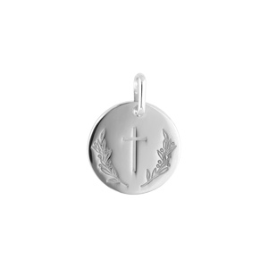 Pendentif argent rhodi mdaille ronde 15mm avec croix et rameau - Vue 1