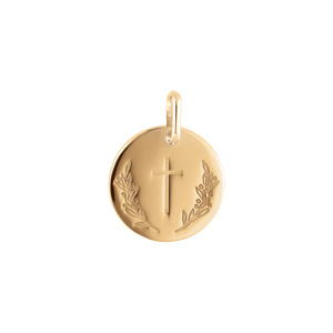 Pendentif plaqu or mdaille ronde 15mm avec croix et rameau - Vue 1