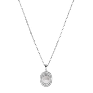 Collier en argent rhodi chane avec pendentif ovale Perle de culture d\'eau douce blanche 8mm et contour oxydes blancs sertis 42+3cm - Vue 2