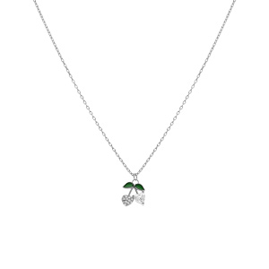 Collier argent rhodi pendentif cerise oxydes forme coeur blancs et verts rglable 39  43cm - Vue 2