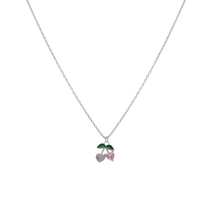 Collier argent rhodi pendentif cerise oxydes forme coeur roses et verts rglable 39  43cm - Vue 2