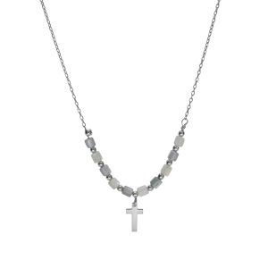 Collier argent rhodi croix avec perles nacre vritable blanche et teinte bleu rglable 40  45cm - Vue 2