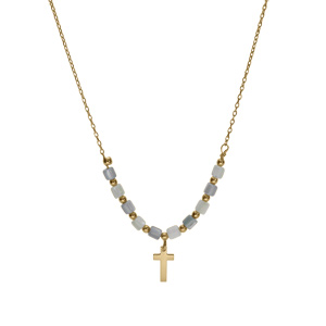 Collier argent dor croix avec perles nacre vritable blanche et teinte bleu rglable 40  45cm - Vue 2