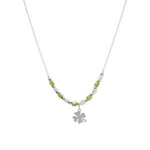 Collier argent rhodi pampille trfle et perles nacre vritable blanche et teinte verte rglable 40  45cm - Vue 2