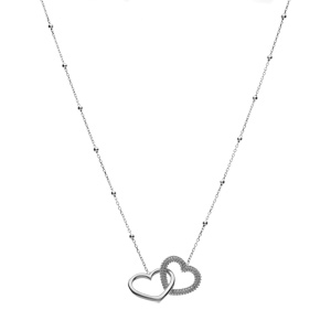 Collier argent rhodi chane boules 2 coeurs entrelacs 1 lisse et 1 perl rglable 42  45cm - Vue 2