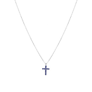 Collier argent rhodi pendentif croix oxydes bleu rglable 42  45cm - Vue 2