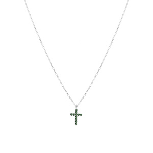 Collier argent rhodi pendentif croix oxydes vert rglable 42  45cm - Vue 2