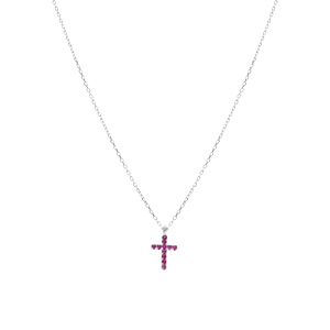 Collier argent rhodi pendentif croix oxydes fushia rglable 42  45cm - Vue 2