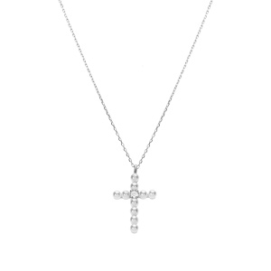 Collier argent rhodi pendentif croix avec 1 oxyde blanc et perle blanche rglable 42  45cm - Vue 2