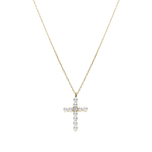 Collier argent dor pendentif croix avec 1 oxyde blanc et perle blanche rglable 42  45cm - Vue 2