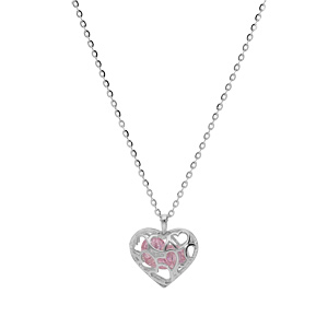 Collier en argent rhodi chane avec pendentif coeur ajour et oxyde rose 39+4cm - Vue 2