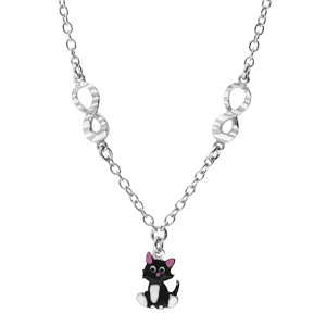 Collier en argent rhodi chane avec pendentif chat noir et rose et motif infini 35+5cm - Vue 2