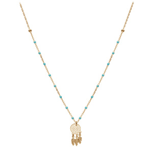 Collier en argent et dorure jaune chane avec boules couleur turquoise avec pendentif attrape rve 40+5cm - Vue 2