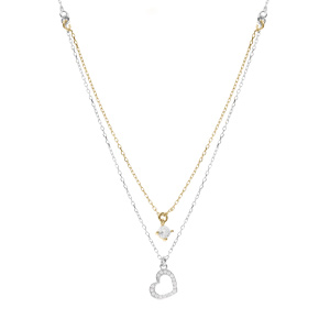 Collier argent rhodi et dor jaune coeur contour oxydes blancs rglable 40  44cm - Vue 2