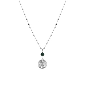 Collier argent rhodi chane boules pendentif cercle diamant avec 1 boule malachite vritable rglable 40  45cm - Vue 2