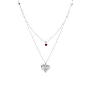 Collier argent rhodi double chane pendentif coeur diamant et 1 oxyde rose rglable 40  45cm - Vue 2