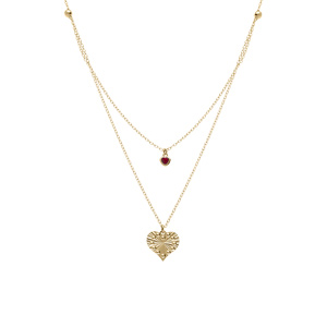 Collier argent dor jaune double chane pendentif coeur diamant et 1 oxyde rose rglable 40  45cm - Vue 2