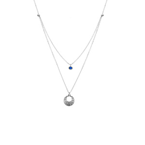 Collier argent rhodi double chane pendentif diamant et 1 oxyde bleu rglable 40  45cm - Vue 2