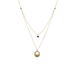 Collier argent dor jaune double chane pendentif diamant et 1 oxyde bleu rglable 40  45cm - Vue 2