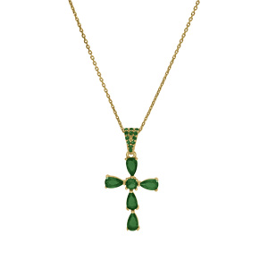 Collier argent dor pendentif croix oxydes vert rglable 38  43cm - Vue 2