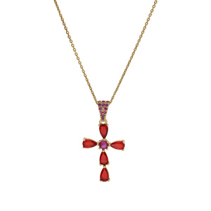 Collier argent dor pendentif croix oxydes rouges rglable 38  43cm - Vue 2