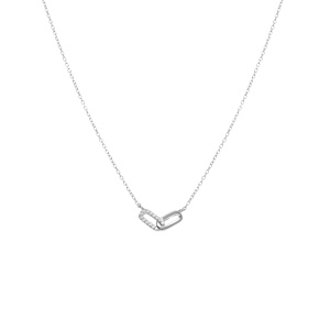 Collier argent rhodi 2 rectangles entrelacs 1 lisse 1 avec oxydes blancs sertis rglable 39  43cm - Vue 2