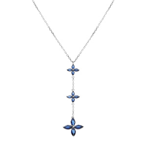 Collier argent rhodi pendentif 3 fleurs verre bleu fonc rglable 40  44cm - Vue 2