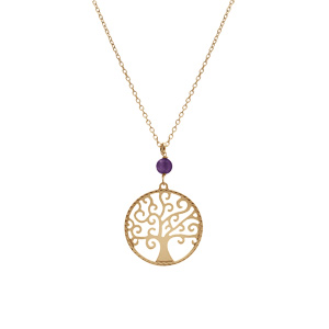 Collier argent dor jaune arbre de vie 20mm et boule jade violette vritable rglable 40  44cm - Vue 2