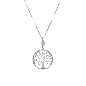 Collier argent rhodi arbre de vie 20mm et boule jade bleu ciel vritable rglable 40  44cm - Vue 2