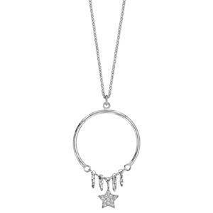 Collier en argent rhodi chane avec pendentif anneau avec plusieurs anneaux diamants et toile pave d\'oxydes blancs sertis suspendus - longueur 42cm + 5cm de rallonge - Vue 2