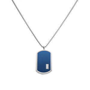 Collier acier pendentif rectangulaire PVD bleu 30 x 17mm pans arrondi avec 3 oxydes blancs rglable 50  55cm - Vue 2