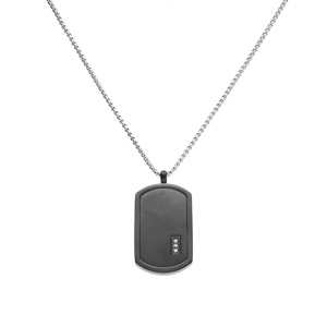 Collier acier pendentif rectangulaire PVD noir 30 x 17mm pans arrondi avec 3 oxydes blancs rglable 50  55cm - Vue 2