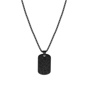 Collier acier et PVD noir avec pendentif rectangulaire pans arrondi 35X20mm motif traits, rglable 55cm  60cm - Vue 2