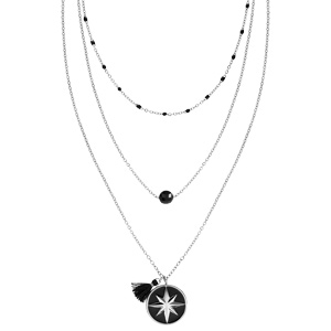 Collier en acier triple chanes boules noires et pendentif rond noire toile et pompon 38+5cm - Vue 2