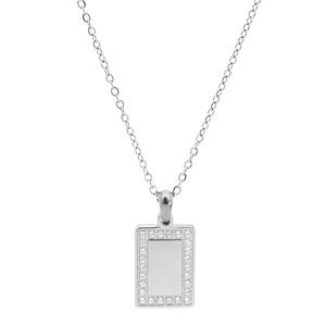 Collier en acier chane avec pendentif rectangulaire et contour oxydes blancs possibilit gravure 38+5cm - Vue 2