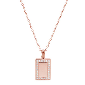 Collier en acier et PVD rose chane avec pendentif rectangulaire contour d\'oxydes blancs possibilit gravure 38+7cm - Vue 2