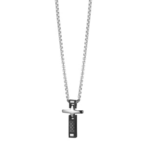 Collier en acier chane avec pendentif croix en carbone et PVD noir longueur 54cm - Vue 2