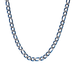 Collier en acier maille 1+3 en 5mm effet bross, aspect patin et chanfrin bleu 55cm - Vue 2