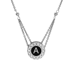 Collier en argent rhodi chane avec pendentif rond initiale A recto fond blanc et verso noire avec contour oxydes blancs sertis 40+5cm - Vue 3