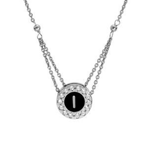 Collier en argent rhodi chane avec pendentif rond initiale I recto fond blanc et verso noire avec contour oxydes blancs sertis 40+5cm - Vue 3