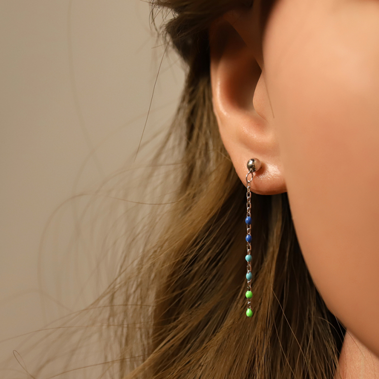 Boucles d\'oreille tige en argent rhodi, olive rsine multicolore dgrad bleu vert - Vue 20