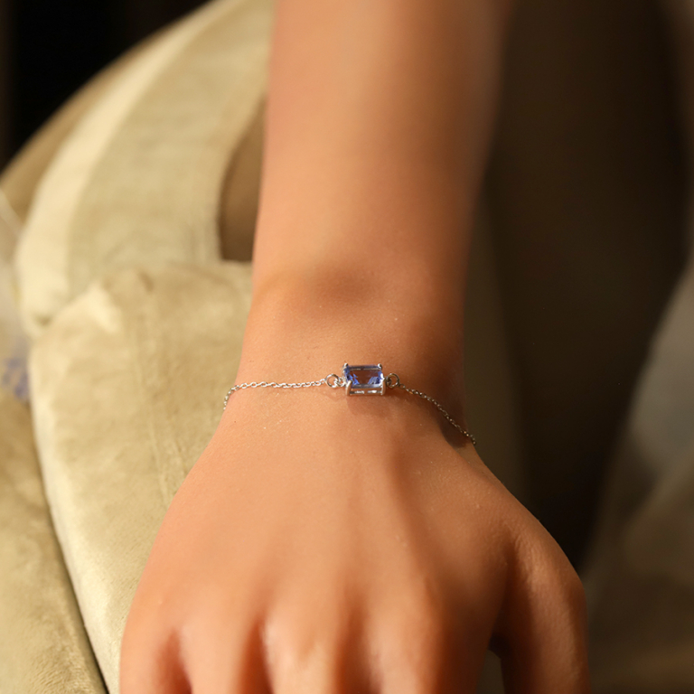 Bracelet argent rhodi pendentif rectangulaire oxyde bleu ciel  rglable 16  19cm - Vue 20