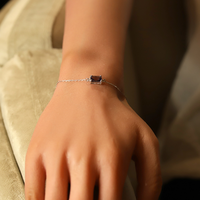 Bracelet argent rhodi pendentif rectangulaire oxyde violet  rglable 16  19cm - Vue 20