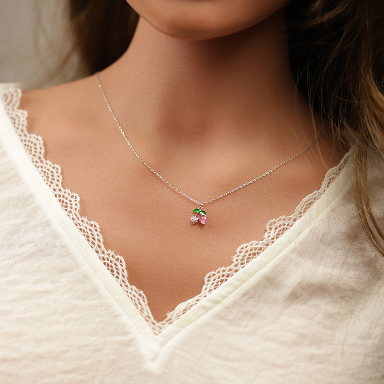 Collier argent rhodi pendentif cerise oxydes forme coeur roses et verts rglable 39  43cm - Vue 20